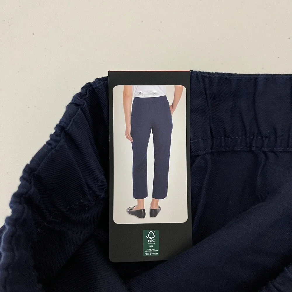 Banana Republic Women Navy Blue Tapered Crop Pant Elastic Waist Lyocell Linen M